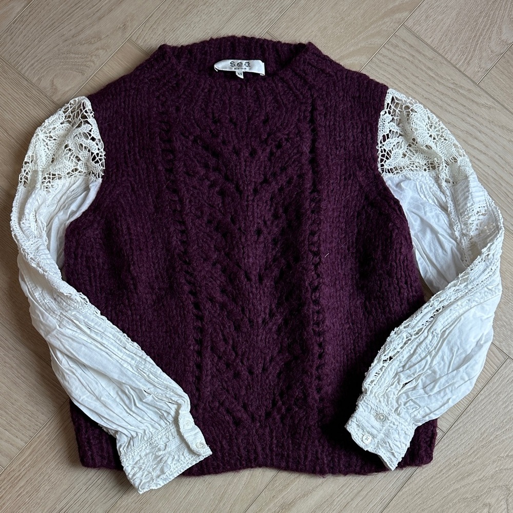 Sea New York Plum Sweater with Lace crochet like Sleeves